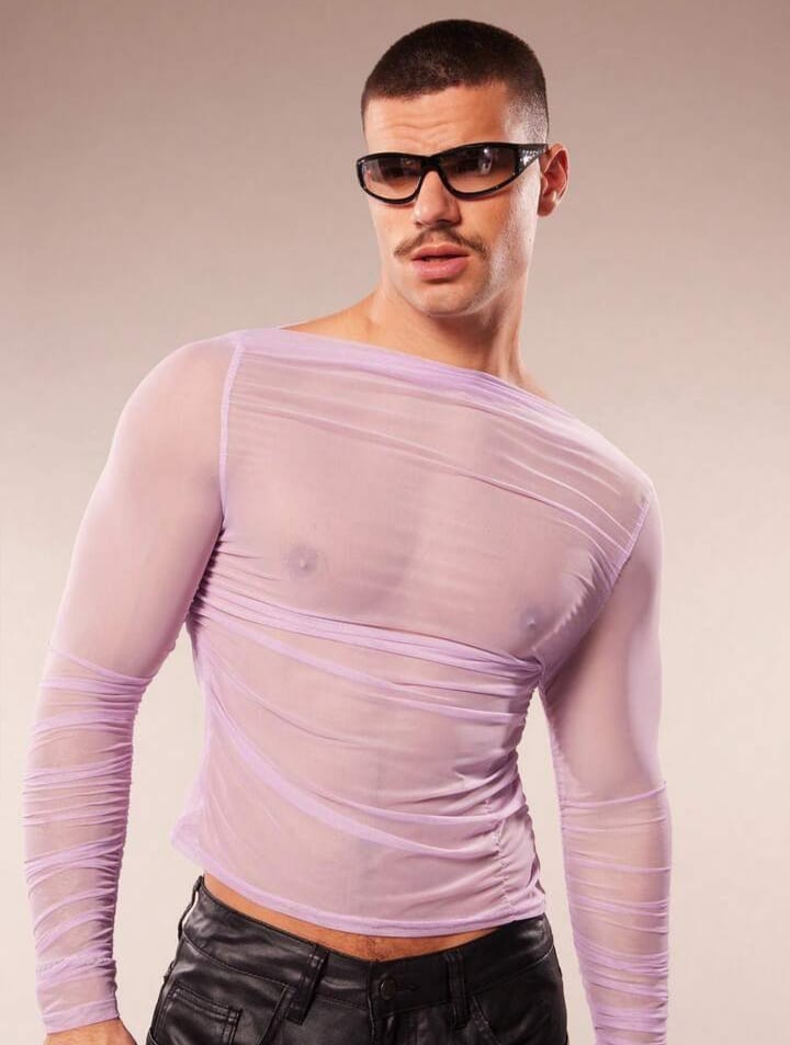Men's Sheer Mesh V-Neck Slim Fit Cropped Tshirt